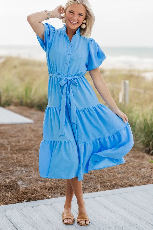 Tell It All Dusty Blue Button Down Midi Dress Subtle Sophistication