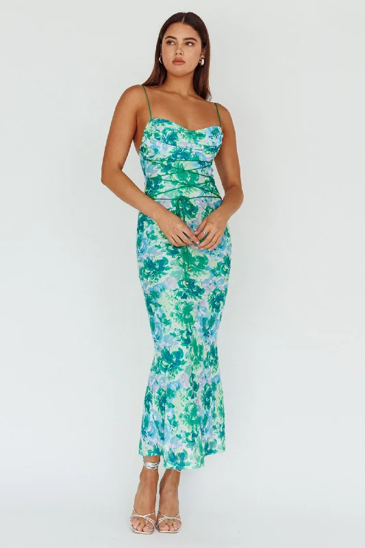 Teava Laced Waist Midi Dress Floral Green Fashion Forward Style