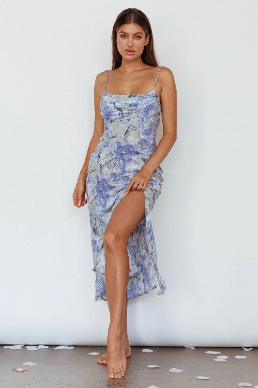 Well Versed Pleated Bust Front Split Dress Marble Print Blue Disco - Inspired Retro Dance Look