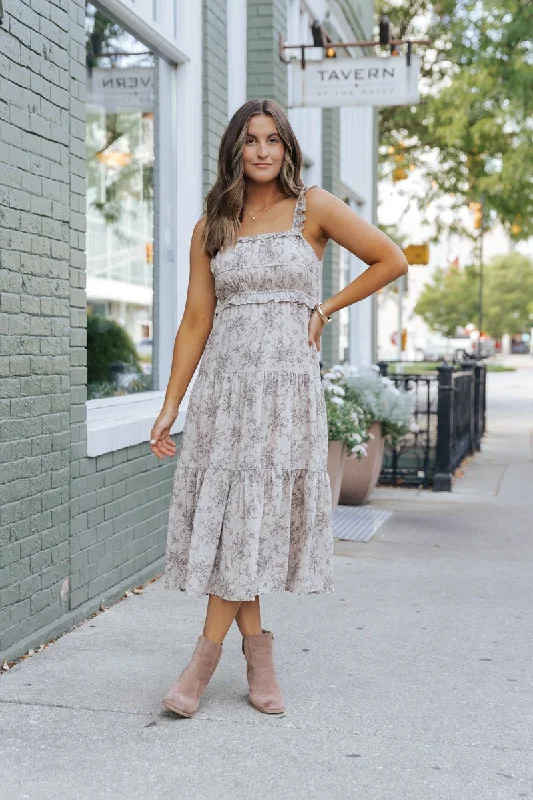 Taupe Print Tiered Midi Dress - FINAL SALE Mega Sale