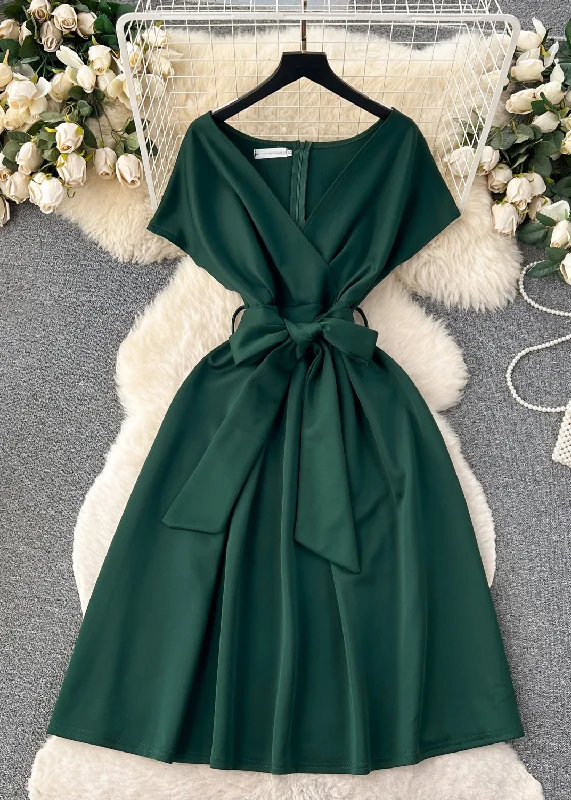 Women Blackish Green V Neck Zippered Tie Waist Spandex Dresses Summer Anniversary Sale