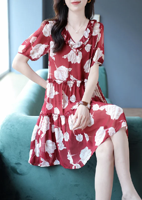 Vogue Red V Neck Print Ruffled Wrinkled Chiffon Mid Dresses Short Sleeve Elegant Style