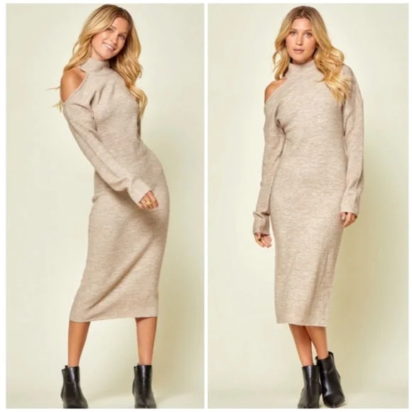 Oyster Cold Shoulder Knit Midi Sweater Stretchy Sexy Dress Womens Bold Fashion