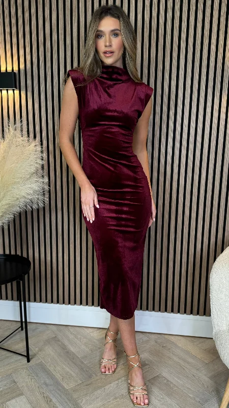 Rosalia Burgundy High Neck Velvet Finish Sleeveless Midi Dress Flash Sale Starts