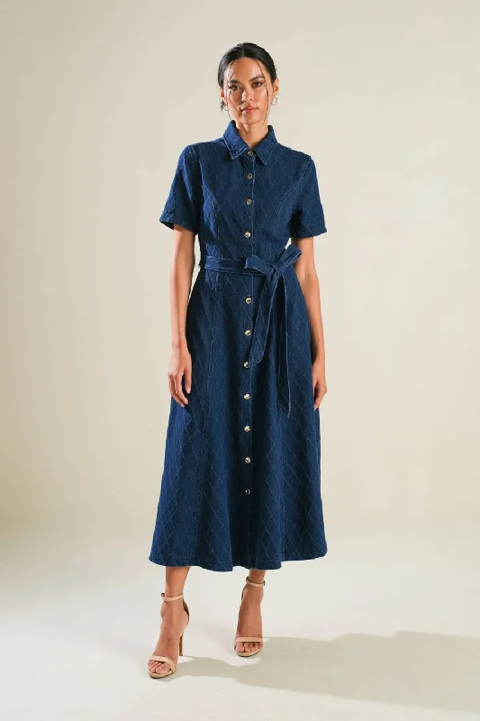 CONFIDENT STRIDES DENIM MIDI DRESS Fashion Essentials