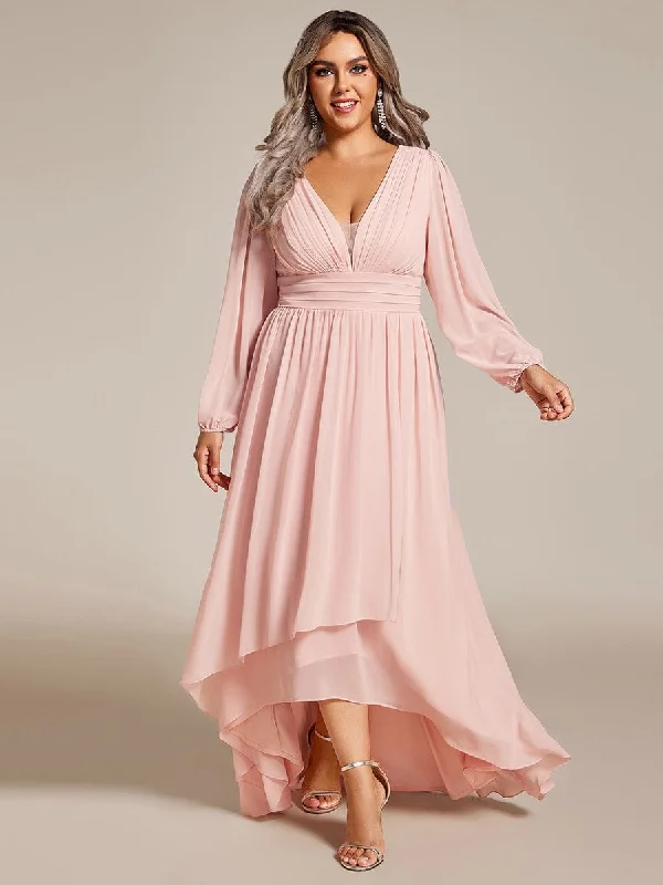 Plus Size V-Neck Long Lantern Sleeves A-Line Chiffon Bridesmaid Dress Fashion Forward