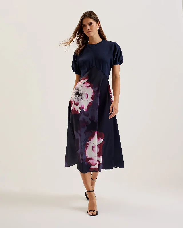 Mitzic Ponte Bodice Printed Satin Skirt Midi Dress Navy Trend Setting Threads