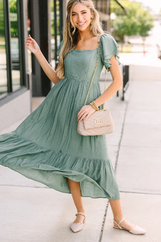 All Yours Deep Sage Green Ruffled Midi Dress Elegant Clothing