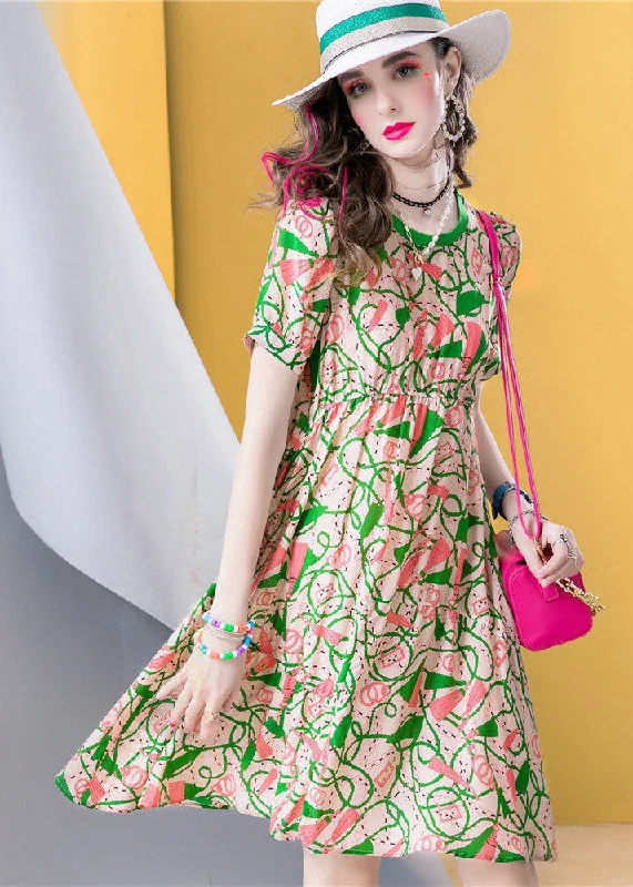 Chic Green O Neck Print Patchwork Silk A Line Dresses Summer Snag Fabulous Fashion Bargains