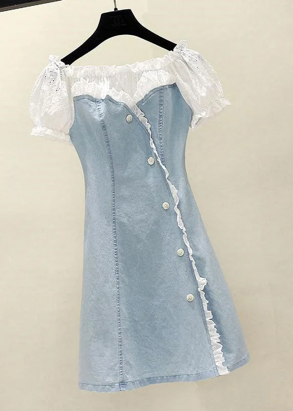 Handmade Blue Lace Patchwork Ruffled Button Denim Mid Dress Short Sleeve Unleash Your Trendy Side