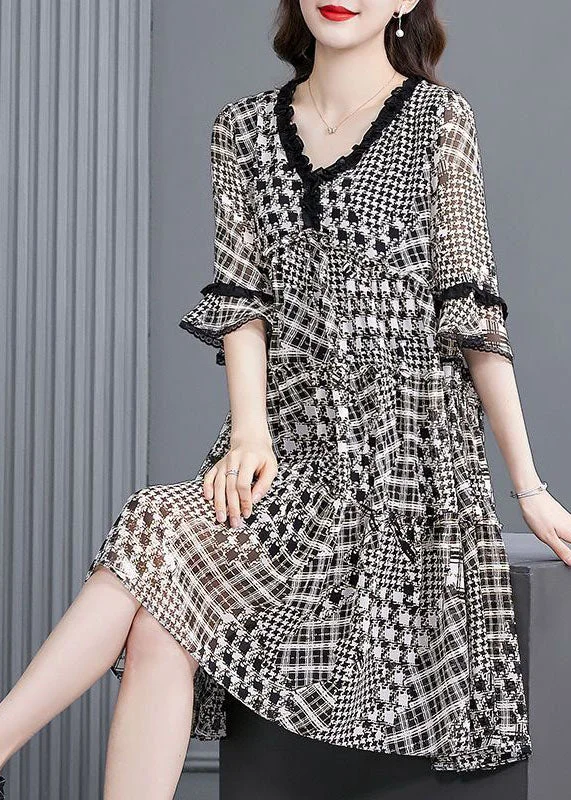 Women Black Ruffled Patchwork Print Exra Large Hem Chiffon Dresses Half Sleeve Stupidly Low Prices