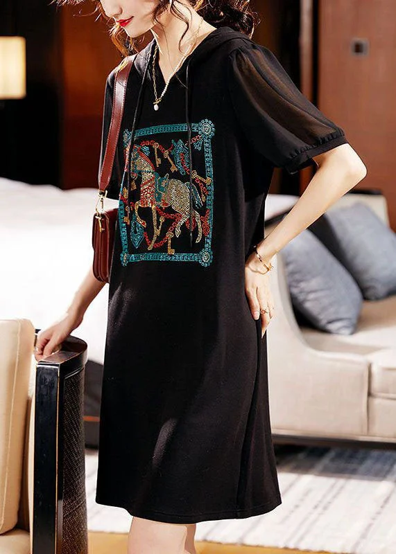 Fashion Black Hooded Zircon Patchwork Cotton Dress Summer Trendy Street Style