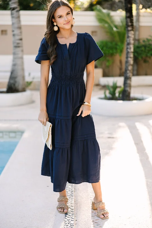 It's In The Air Navy Blue Tiered Midi Dress End Of Season Sale