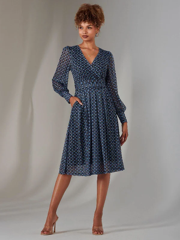 Long Sleeve Lace Print Midi Dress, Navy Geo Budget Friendly Fashion