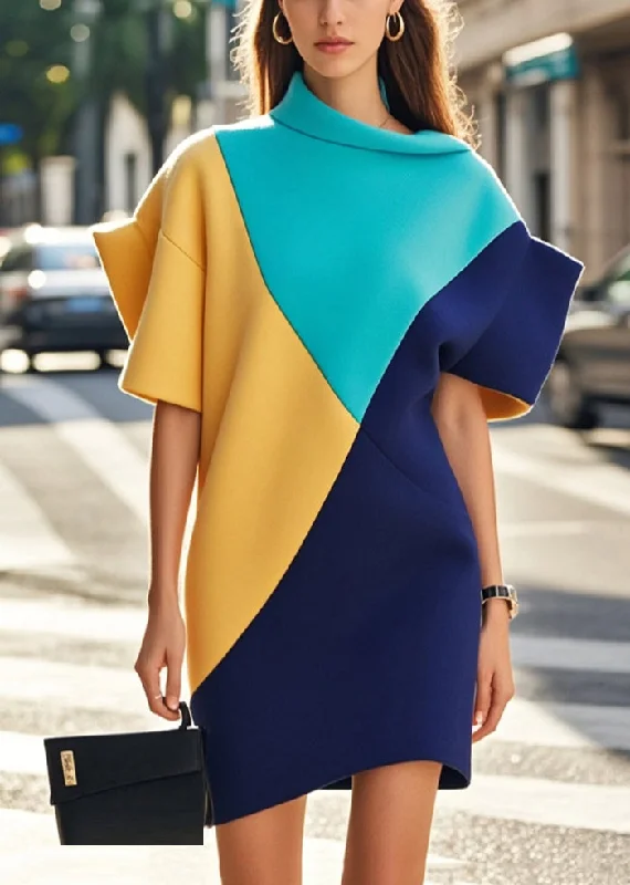 Colorblock Patchwork Cotton Day Dress Asymmetrical Design Summer Season Appropriate Women's Collection