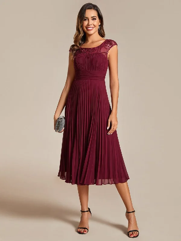 A-Line Pleated Chiffon Wedding Guest Dress with Round Neckline and Cap Sleeves Father's Day Deals