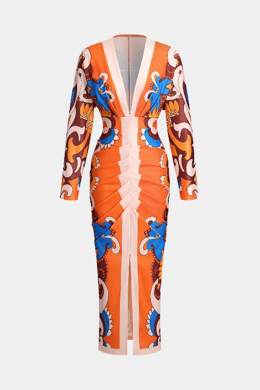 Hawaiian Pattern Ruched V-Neck Long Sleeve Midi Dress Timeless Elegant