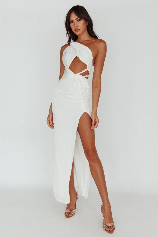 Kiah Twist Accent Thigh Split Midi Dress White Chic Outfits