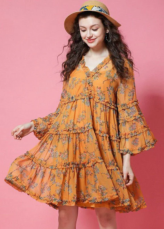 Yellow Print Chiffon Holiday Dresses Ruffled Lantern Sleeve Disco - Inspired Retro Dance Look