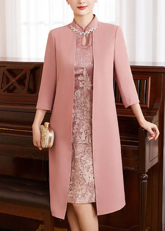 French Pink Stand Collar Embroideried Patchwork Zircon Silk Cheongsam Dresses Long Sleeve Fashion Forward