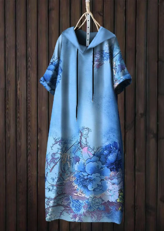 Unique Blue Hooded Print Patchwork Cotton Dress Summer Update With Cottagecore Styles