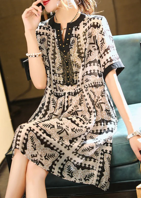 Modern Black V Neck Print Button Vacation Mid Dresses Short Sleeve Summer Splash Sale