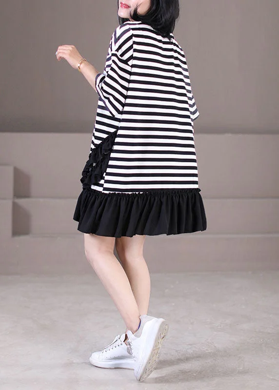 Italian Black White Striped O-Neck Patchwork Ruffled Robe Dresses Short Sleeve Summer Fashion