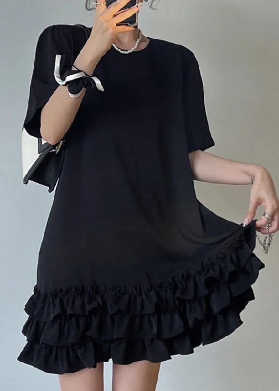 Stylish Black Ruffled Patchwork Cotton T Shirt Dress Summer Style Your Wardrobe