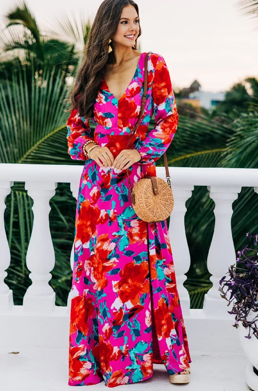 Just Feels Right Fuchsia Pink Floral Maxi Dress Limited Stock, Big Sale