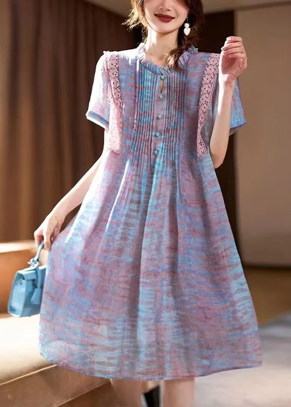 Elegant Pink Ruffled Print Chiffon Long Dress Short Sleeve Bold Fashion