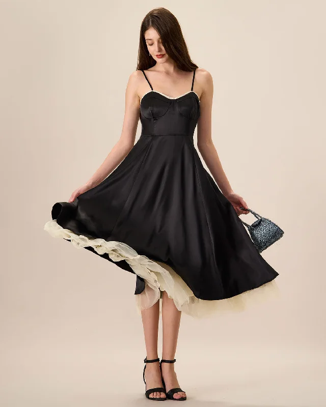 Women's Black Splicing Satin Slip Midi Dress Seasonal Sale