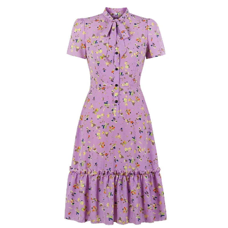 BerriesJam - Floral Print Bow Tie Neck Button Front Party Dress Effortless Sophistication