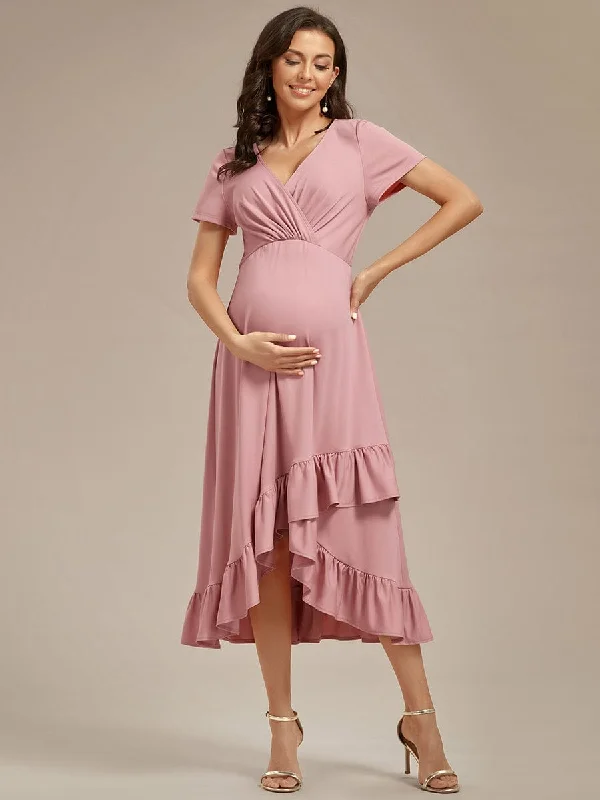 Ruffles High Low Hemline V-Neck High Stretch Maternity Dress Hot Styles