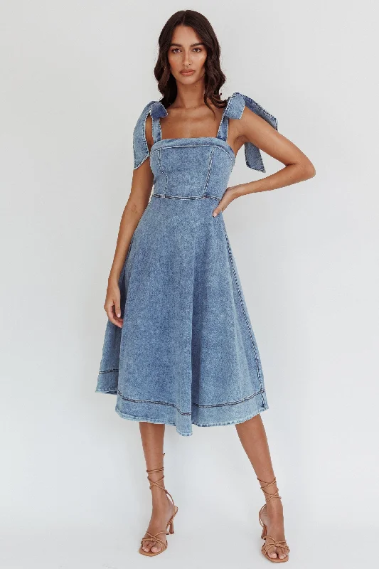 Jeanie Bow Shoulder Midi Dress Wash Denim Blue Seasonal Picks