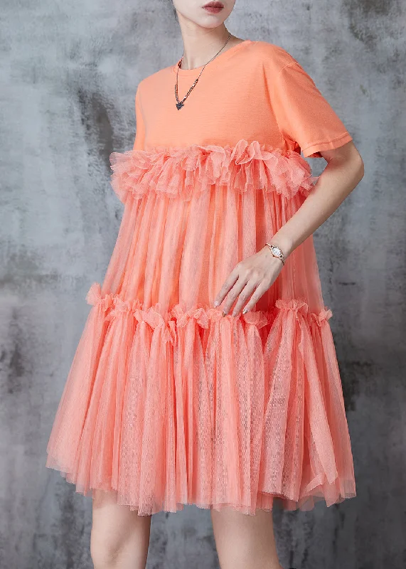 Orange Patchwork Tulle Mini Dresses Oversized Summer Daily Deals