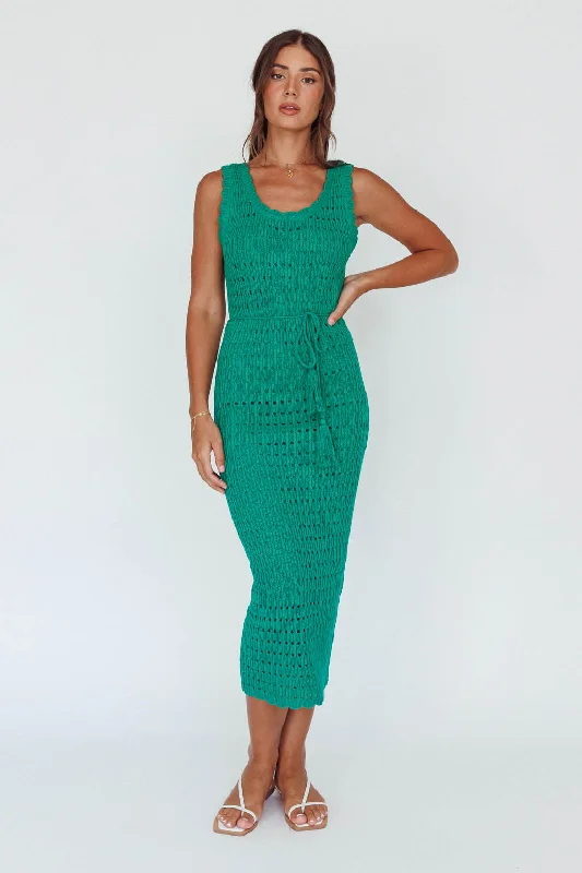 Wander Lust Crochet Midi Dress Green End Of Season Clearance