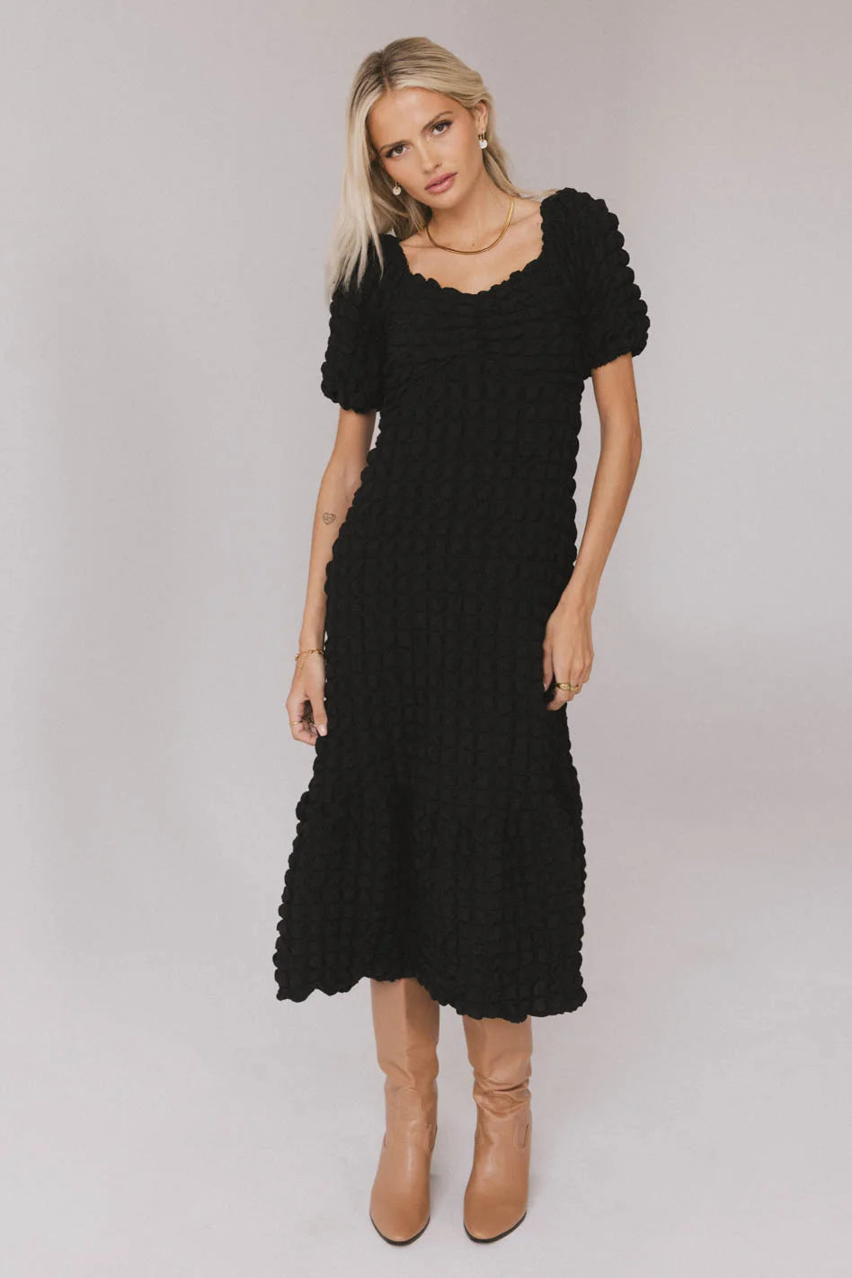 Miley Bubble Texture Dress in Black Score Big On Glamorous Red - Carpet Styles