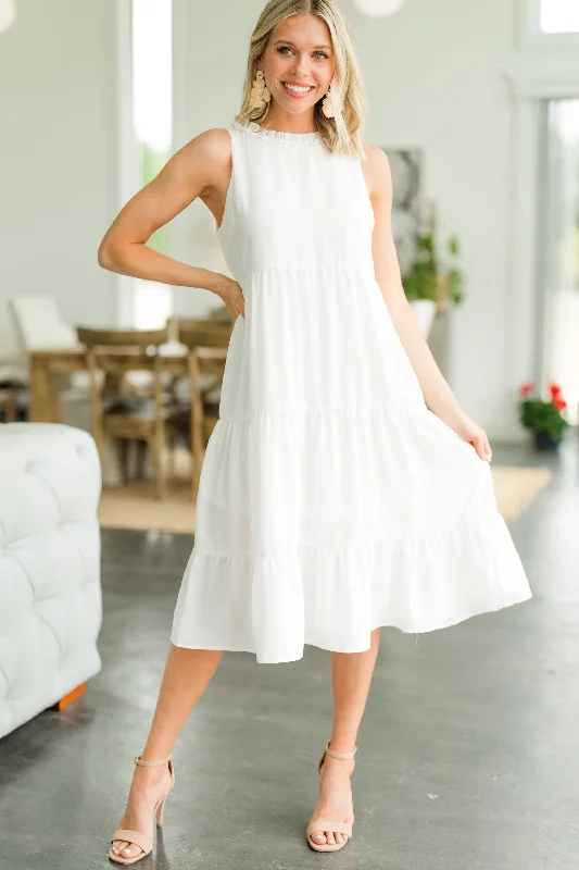 On The Run White Ruffled Midi Dress New Styles Just In