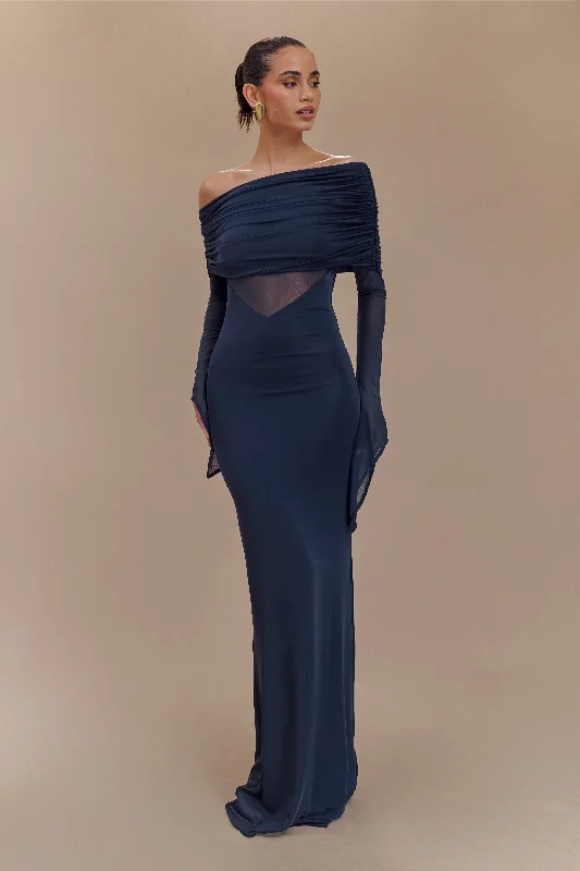 Kaitlin One Shoulder Slinky And Mesh Maxi Dress - Midnight Blue Limited - Time Bundle