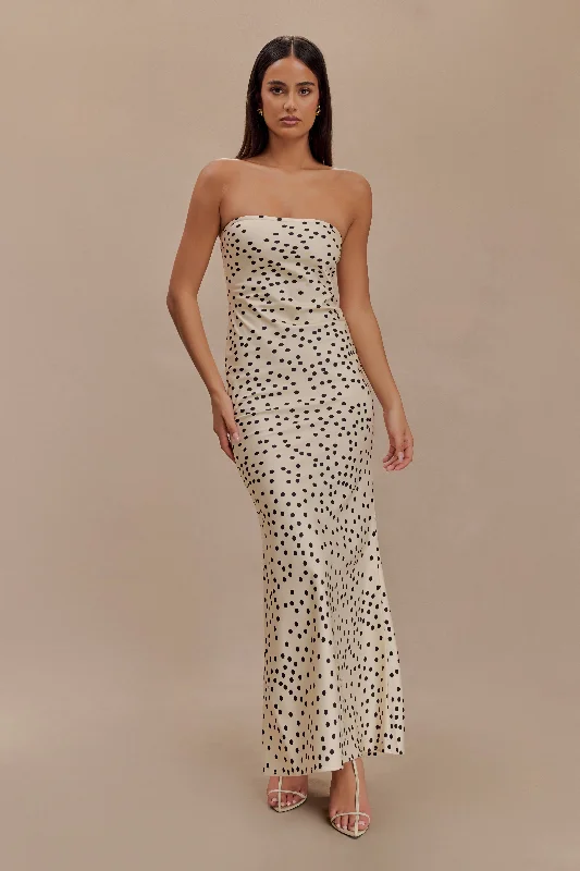 Claudette Strapless Satin Maxi Dress - Polka Dot Print Romantic Date - Night Ensemble