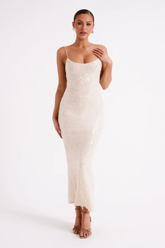 Brianna Sequin Maxi Dress - Cream Discover Promotions