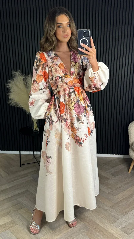 Louise Beige Floral Printed Midi Dress (PRE ORDER) Season Sale