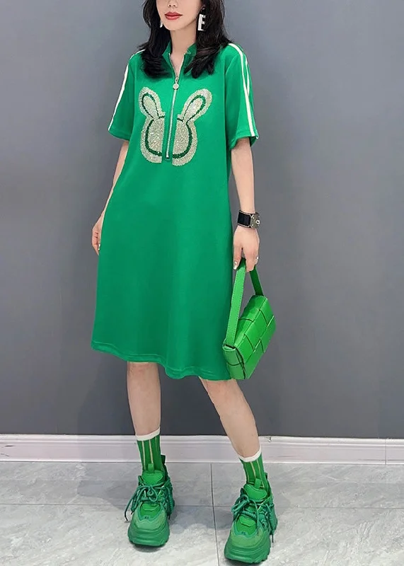 Fashion Green Stand Collar Mid Dress Summer Designer Wear On Sale