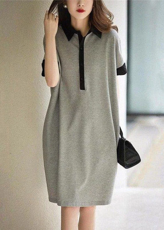 Casual Black Peter Pan Collar Button Cotton Maxi Dresses Short Sleeve Wardrobe Essentials