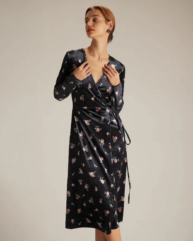 The Black V Neck Floral Velvet Wrap Midi Dress End Of Season Sale