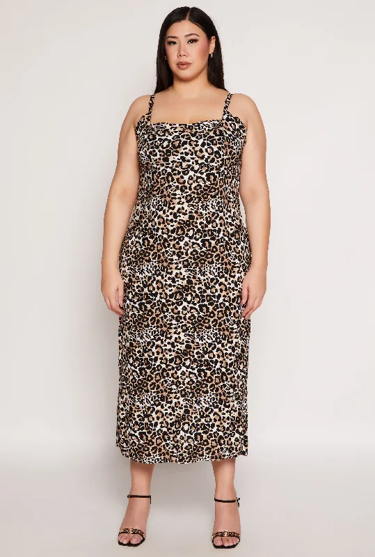 Plus Size Almost Famous Leopard Tie Back Keyhole Dress Today Only