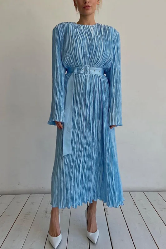 TastyHottie - Blue Belt Waisted Pleated Midi Dress Budget Friendly Fashion