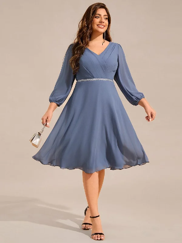 Plus Size Long Sleeve Midi A-Line Wedding Guest Dress with Waist Chain Redefining Women's Fashion