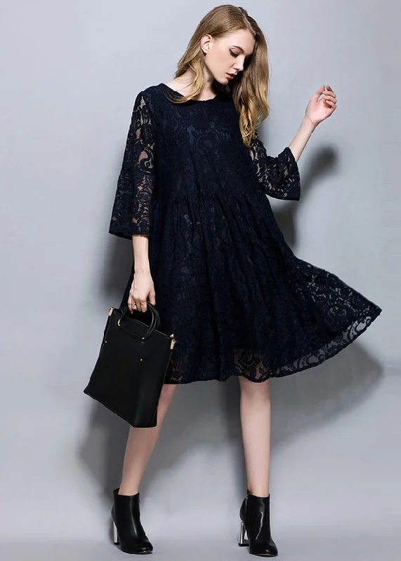 Navy Patchwork Lace A Line Dress O-Neck Oversized Summer Nordic Minimalist Home Look