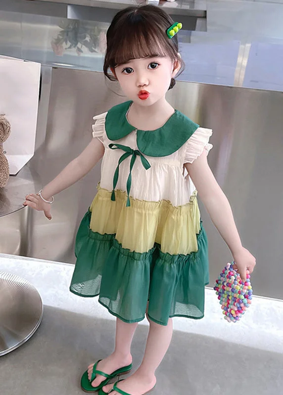 Green Peter Pan Collar Bow Cotton Girls Mid Dresses Summer Fashion Forward Femme